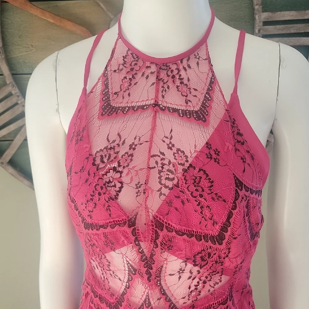 Free People Nothing Like This Hot Pink Lace Halter Mini Dress